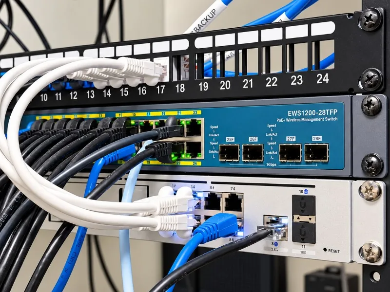 PoE switch in a rack with a cable labeled backup