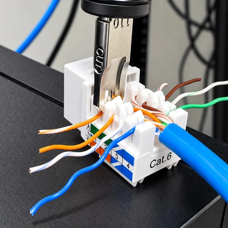 Cat6 cable being terminated in a keystone jack